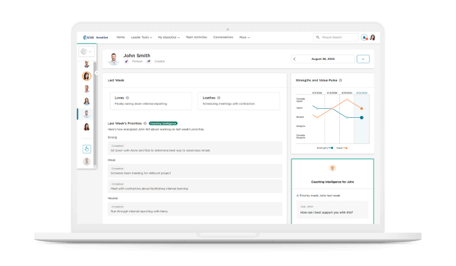 Product screenshot of the StandOut platform on a laptop. This screenshot displays an easy to use employee management dashboard with a list of weekly priorities, strengths and values, and coaching intelligence.
